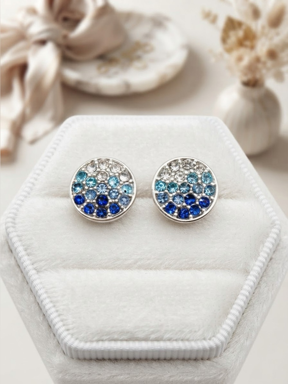 Blue Ombré Pavé Stud Earrings | Sapphire Teal Crystal Gradient Studs